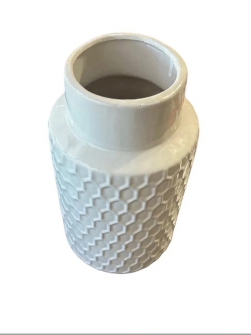 White Ceramic Vase 9” Utensil Holder Honeycomb Textured Design Minimalist New